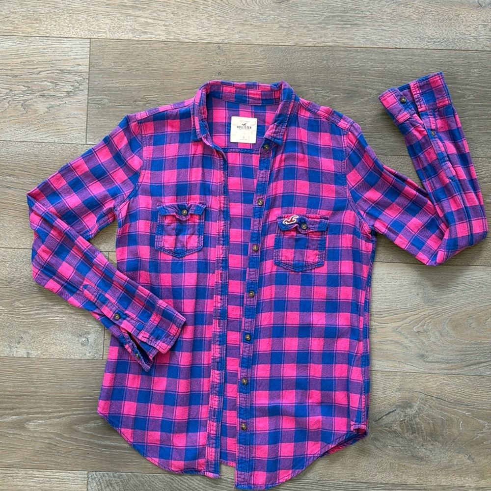 Hollister Pink & Blue Checked Plaid 💯Cotton Flannel 2 Pocket Button Down Shirt-S
